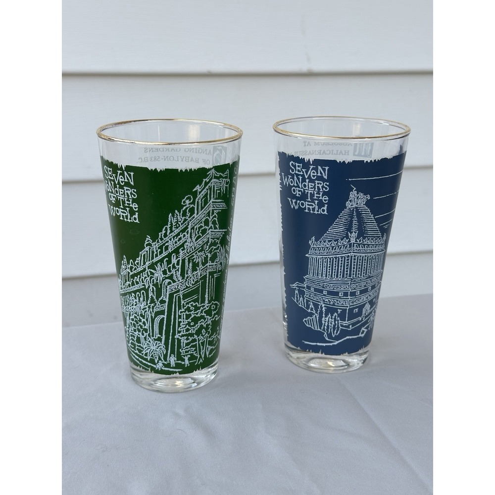 Set of 2 VTG Seven Wonders of the World Glasses/Cups - Babylon and Halicarnassus